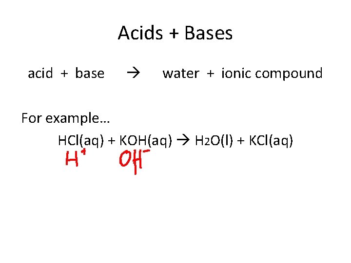 Acids + Bases acid + base water + ionic compound For example… HCl(aq) +