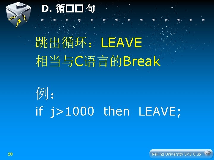 D. 循�� 句 跳出循环：LEAVE 相当与C语言的Break 例： if j>1000 then LEAVE; 20 Peking University SAS