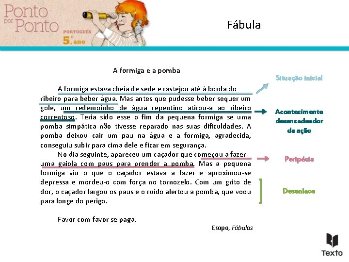 Fábula A formiga e a pomba Situação inicial A formiga estava cheia de sede Fábula A formiga e a pomba Situação inicial A formiga estava cheia de sede