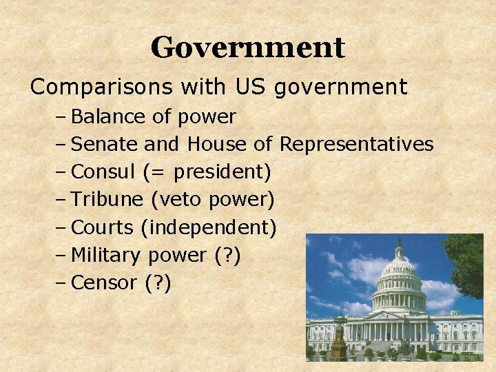 Government Comparisons with US government – Balance of power – Senate and House of