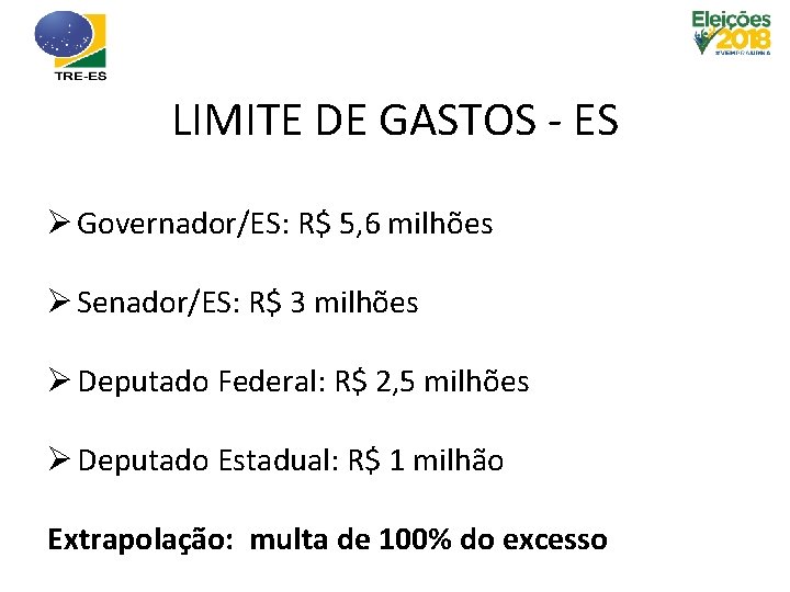 LIMITE DE GASTOS - ES Ø Governador/ES: R$ 5, 6 milhões Ø Senador/ES: R$