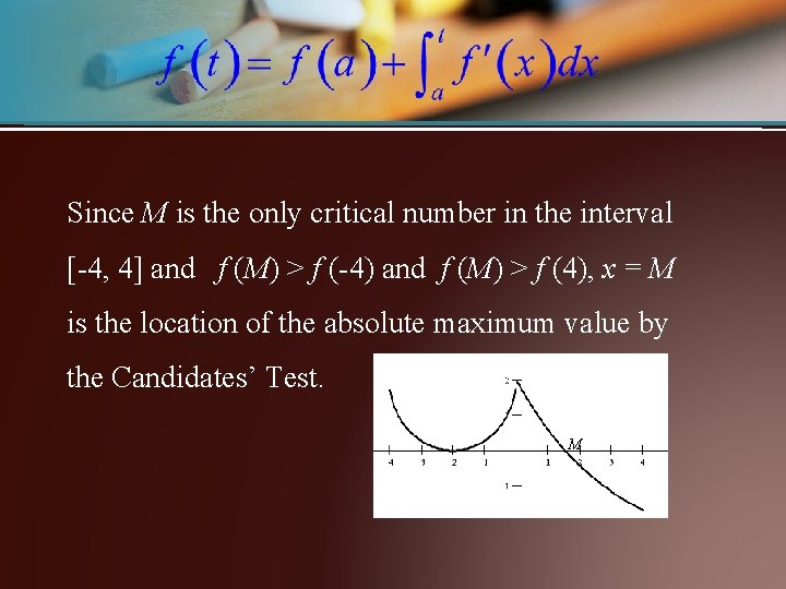 Since M is the only critical number in the interval [-4, 4] and f