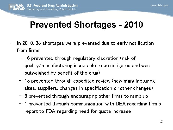 Prevented Shortages - 2010 • In 2010, 38 shortages were prevented due to early