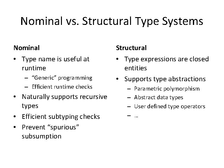 Nominal vs. Structural Type Systems Nominal Structural • Type name is useful at runtime