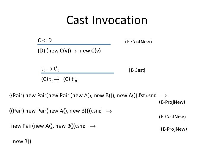 Cast Invocation C <: D (E-Cast. New) (D) (new C(v)) new C(v) t 0