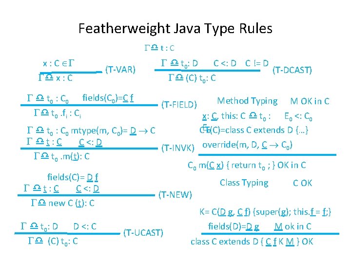 Featherweight Java Type Rules t : C x : C (T-VAR) t 0 :
