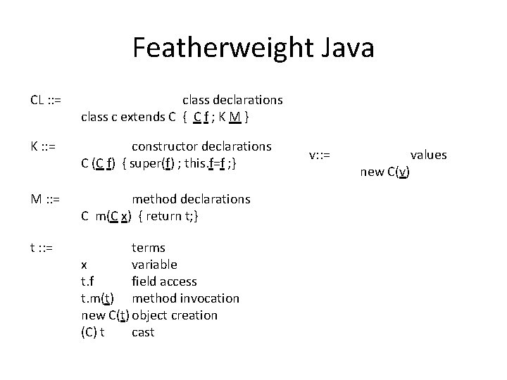 Featherweight Java CL : : = class declarations class c extends C { C