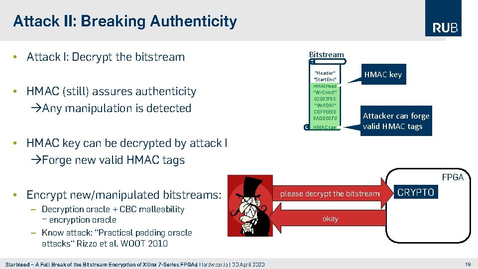 Attack II: Breaking Authenticity • Attack I: Decrypt the bitstream • HMAC (still) assures