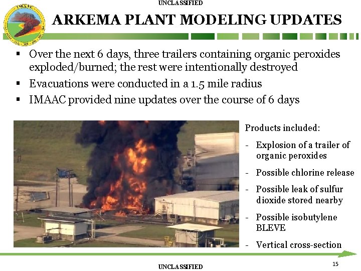UNCLASSIFIED ARKEMA PLANT MODELING UPDATES § Over the next 6 days, three trailers containing UNCLASSIFIED ARKEMA PLANT MODELING UPDATES § Over the next 6 days, three trailers containing