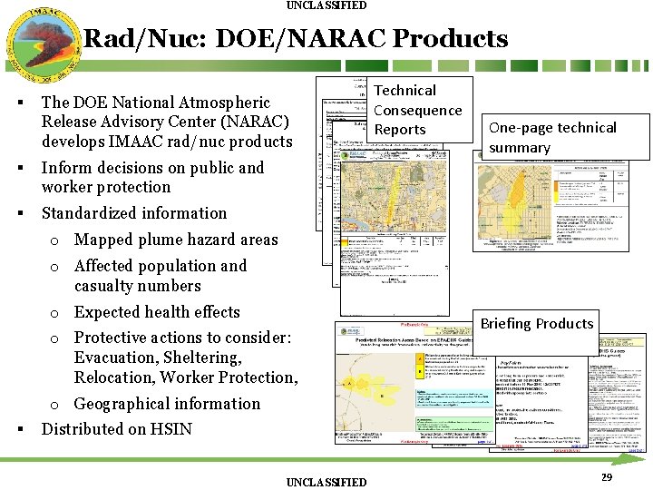 UNCLASSIFIED Rad/Nuc: DOE/NARAC Products § The DOE National Atmospheric Release Advisory Center (NARAC) develops UNCLASSIFIED Rad/Nuc: DOE/NARAC Products § The DOE National Atmospheric Release Advisory Center (NARAC) develops