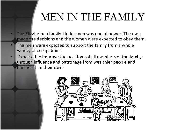 MEN IN THE FAMILY • The Elizabethan family life for men was one of