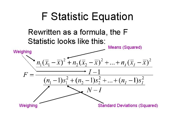 F Statistic Equation Rewritten as a formula, the F Statistic looks like this: Weighing F Statistic Equation Rewritten as a formula, the F Statistic looks like this: Weighing