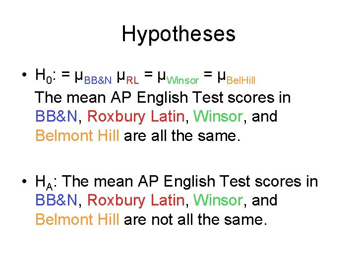 Hypotheses • H 0: = µBB&N µRL = µWinsor = µBel. Hill The mean Hypotheses • H 0: = µBB&N µRL = µWinsor = µBel. Hill The mean