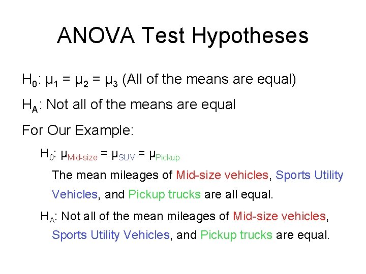 ANOVA Test Hypotheses H 0: µ 1 = µ 2 = µ 3 (All ANOVA Test Hypotheses H 0: µ 1 = µ 2 = µ 3 (All