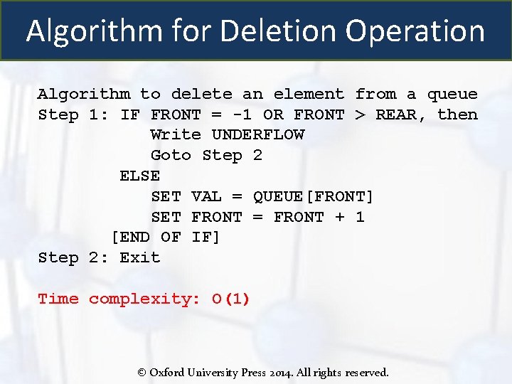 Algorithm for Deletion Operation Algorithm to delete an element from a queue Step 1: