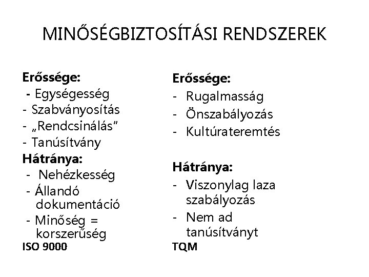 MINŐSÉGBIZTOSÍTÁSI RENDSZEREK Erőssége: - Egységesség - Szabványosítás - „Rendcsinálás” - Tanúsítvány Hátránya: - Nehézkesség