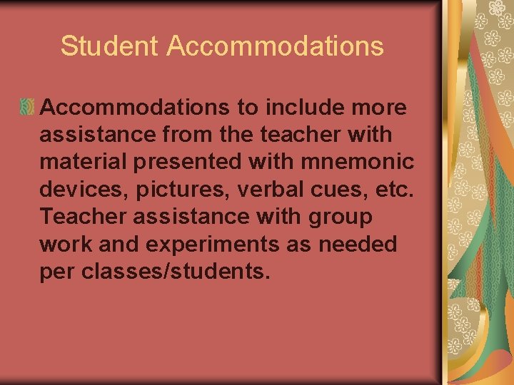 Student Accommodations to include more assistance from the teacher with material presented with mnemonic