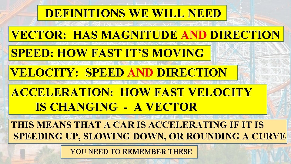 DEFINITIONS WE WILL NEED VECTOR: HAS MAGNITUDE AND DIRECTION SPEED: HOW FAST IT’S MOVING