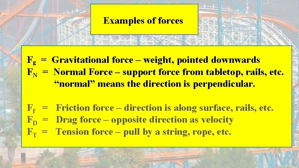 Examples of forces Fg = Gravitational force – weight, pointed downwards FN = Normal