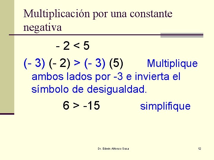 Multiplicación por una constante negativa -2<5 (- 3) (- 2) > (- 3) (5)