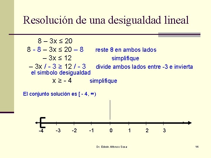 Resolución de una desigualdad lineal 8 – 3 x ≤ 20 8 - 8