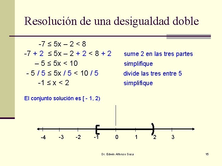Resolución de una desigualdad doble -7 ≤ 5 x – 2 < 8 -7