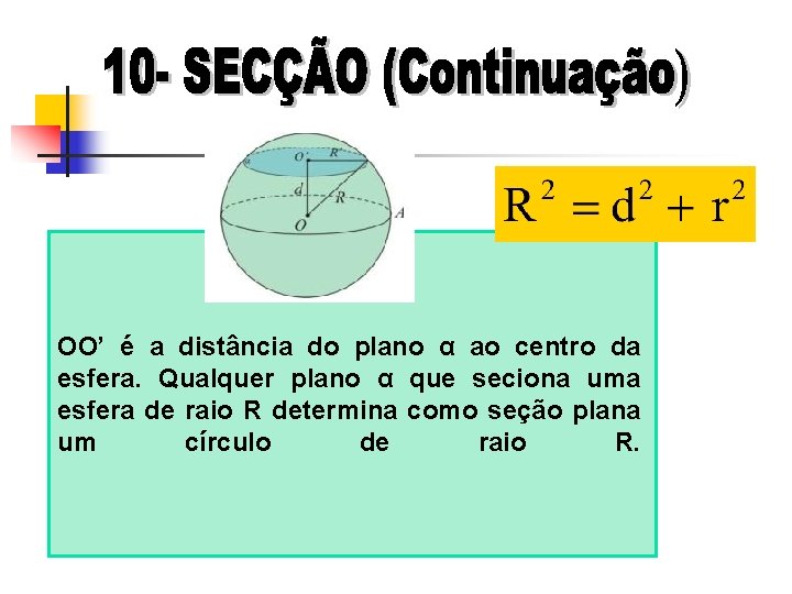 OO’ é a distância do plano α ao centro da esfera. Qualquer plano α