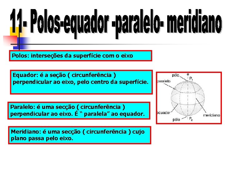 Polos: interseções da superfície com o eixo Equador: é a seção ( circunferência )