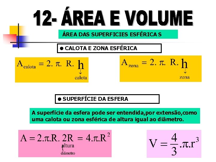 ÁREA DAS SUPERFICIES ESFÉRICA S CALOTA E ZONA ESFÉRICA SUPERFÍCIE DA ESFERA A superfície