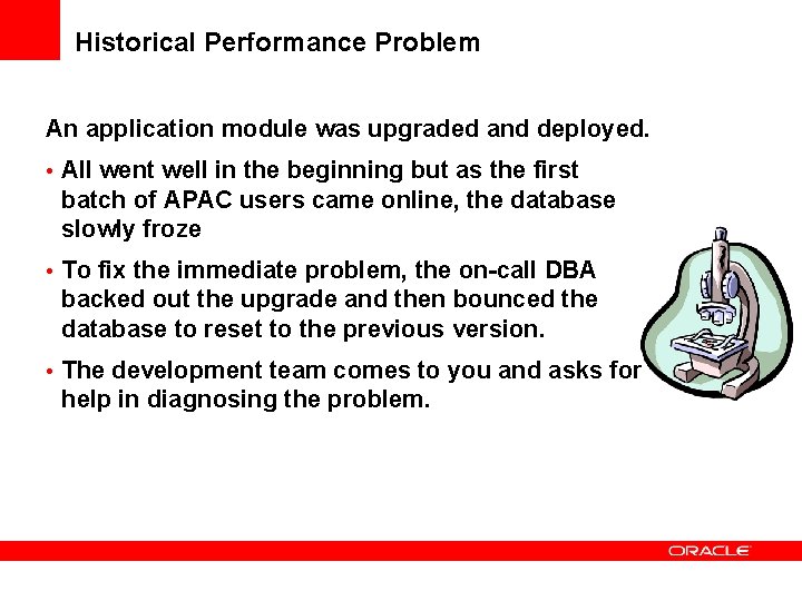 Historical Performance Problem An application module was upgraded and deployed. • All went well