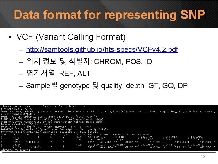 Data format for representing SNP • VCF (Variant Calling Format) – http: //samtools. github.
