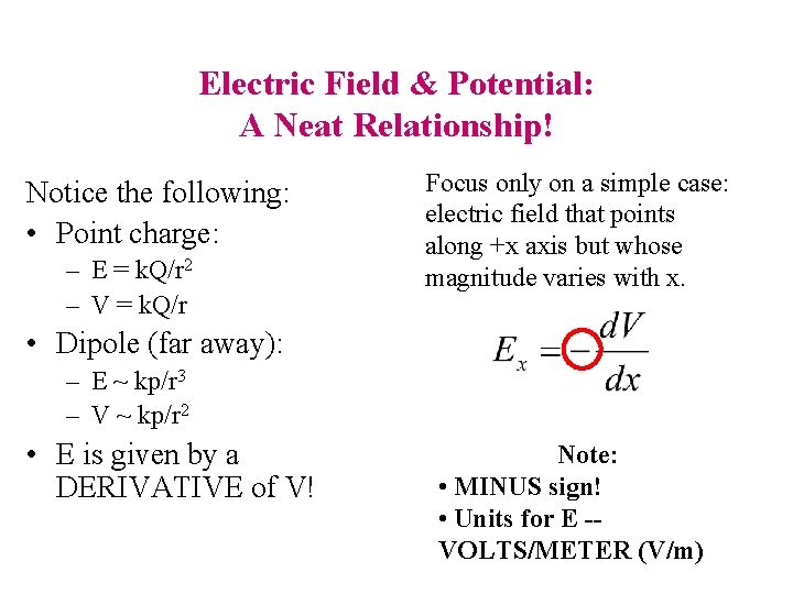 Electric Field & Potential: A Neat Relationship! Notice the following: • Point charge: –
