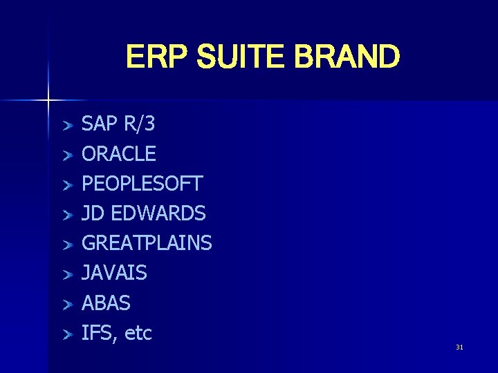 ERP SUITE BRAND SAP R/3 ORACLE PEOPLESOFT JD EDWARDS GREATPLAINS JAVAIS ABAS IFS, etc