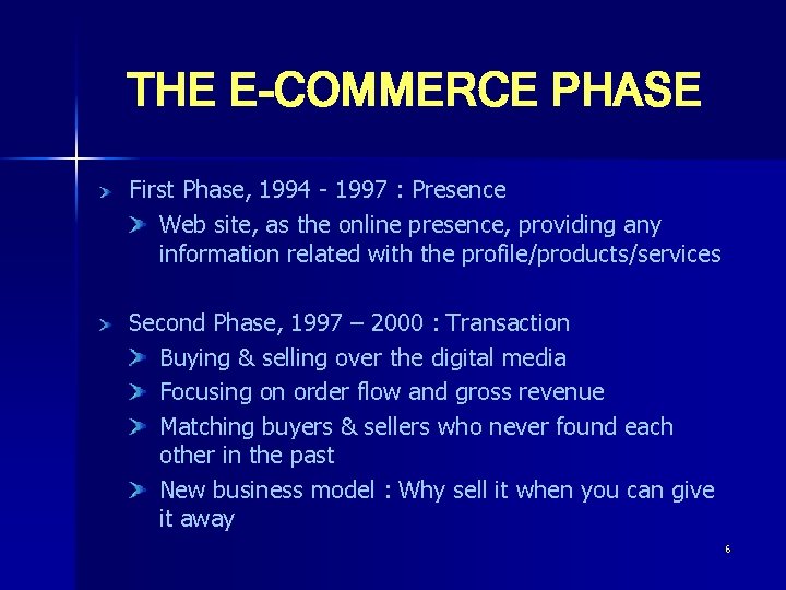 THE E-COMMERCE PHASE First Phase, 1994 - 1997 : Presence Web site, as the