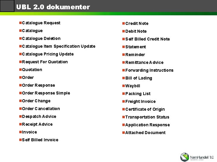 UBL 2. 0 dokumenter n. Catalogue Request n. Credit Note n. Catalogue n. Debit