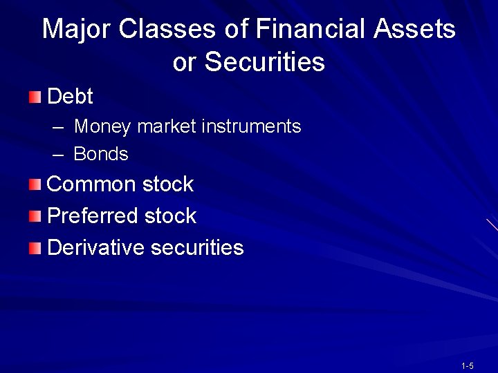 Major Classes of Financial Assets or Securities Debt – – Money market instruments Bonds