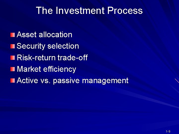 The Investment Process Asset allocation Security selection Risk-return trade-off Market efficiency Active vs. passive