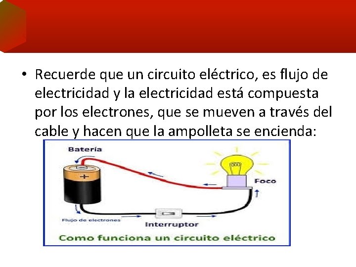  • Recuerde que un circuito eléctrico, es flujo de electricidad y la electricidad