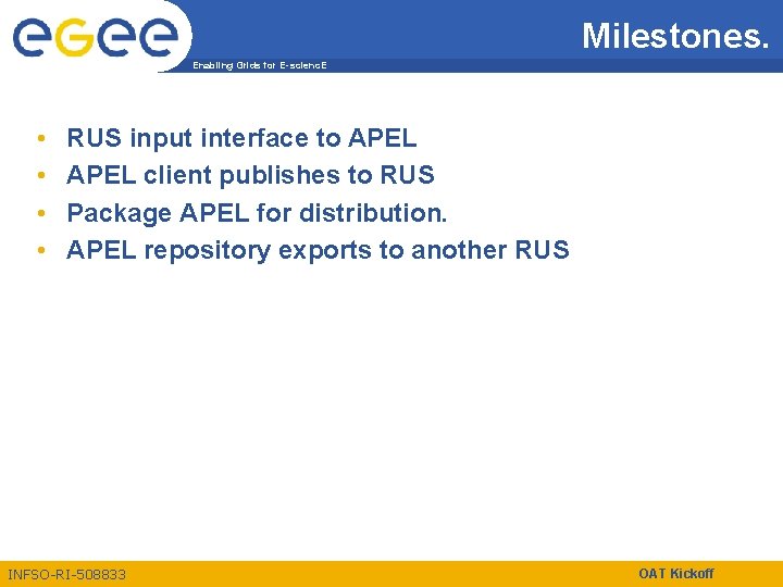 Milestones. Enabling Grids for E-scienc. E • • RUS input interface to APEL client