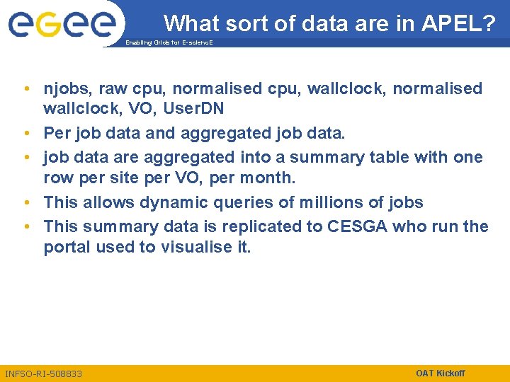 What sort of data are in APEL? Enabling Grids for E-scienc. E • njobs,