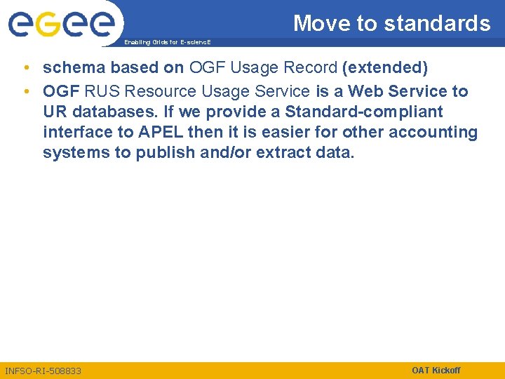 Move to standards Enabling Grids for E-scienc. E • schema based on OGF Usage