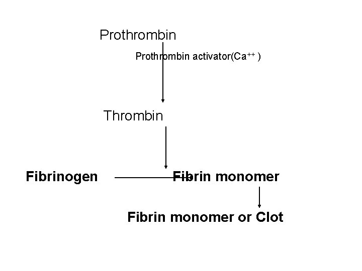 Prothrombin activator(Ca++ ) Thrombin Fibrinogen Fibrin monomer or Clot 