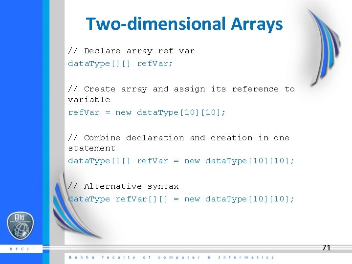 Two-dimensional Arrays // Declare array ref var data. Type[][] ref. Var; // Create array