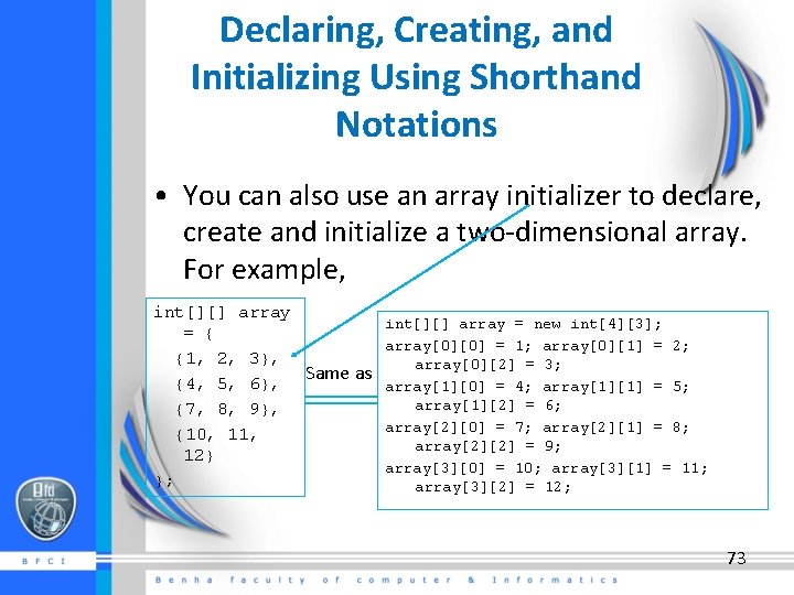 Declaring, Creating, and Initializing Using Shorthand Notations • You can also use an array