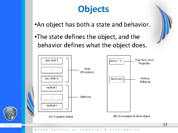 Objects • An object has both a state and behavior. • The state defines