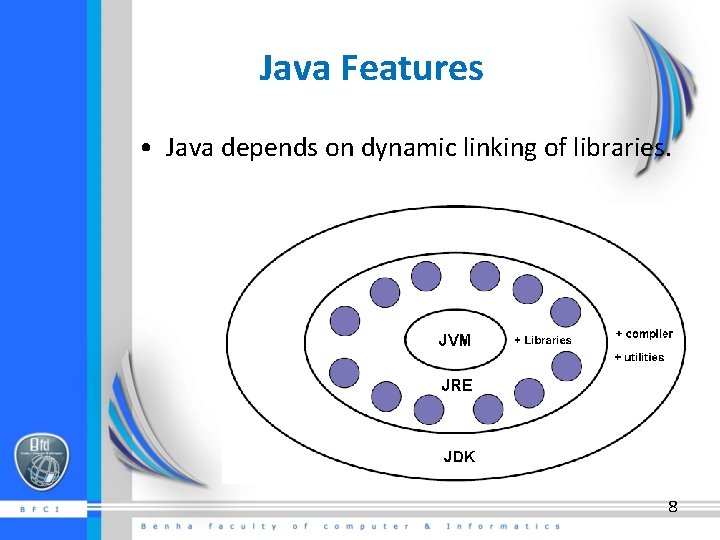 Java Features • Java depends on dynamic linking of libraries. 8 