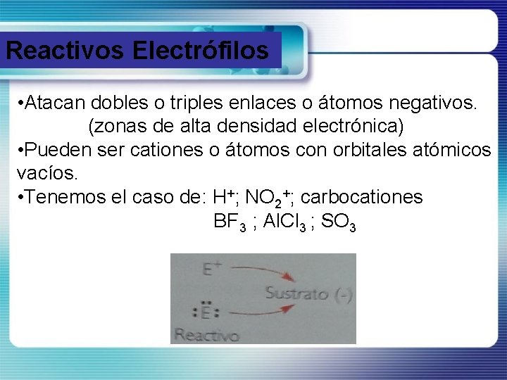 Reactivos Electrófilos • Atacan dobles o triples enlaces o átomos negativos. (zonas de alta
