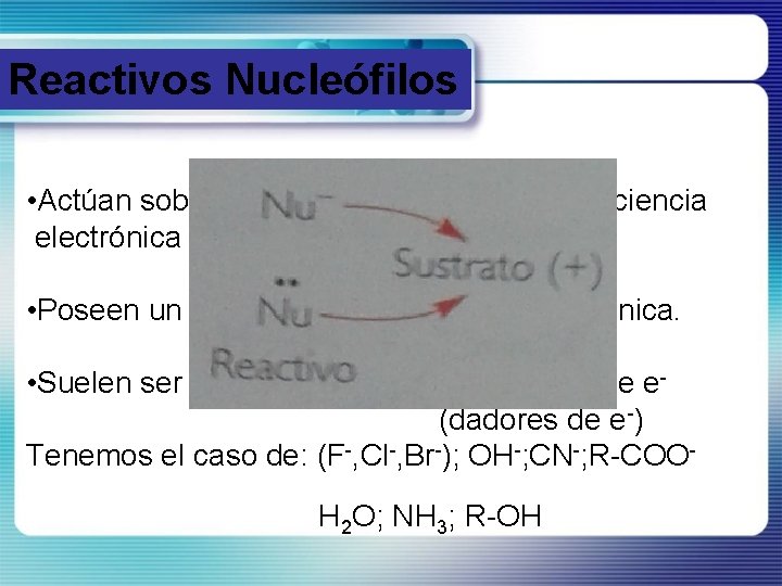 Reactivos Nucleófilos • Actúan sobre átomos de sustratos con deficiencia electrónica o con carga