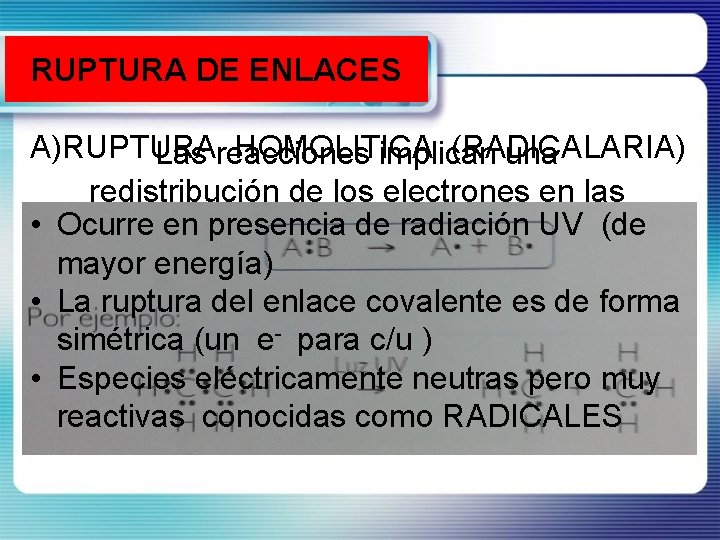 RUPTURA DE ENLACES A)RUPTURA HOMOLITICA (RADICALARIA) Las reacciones implican una redistribución de los electrones