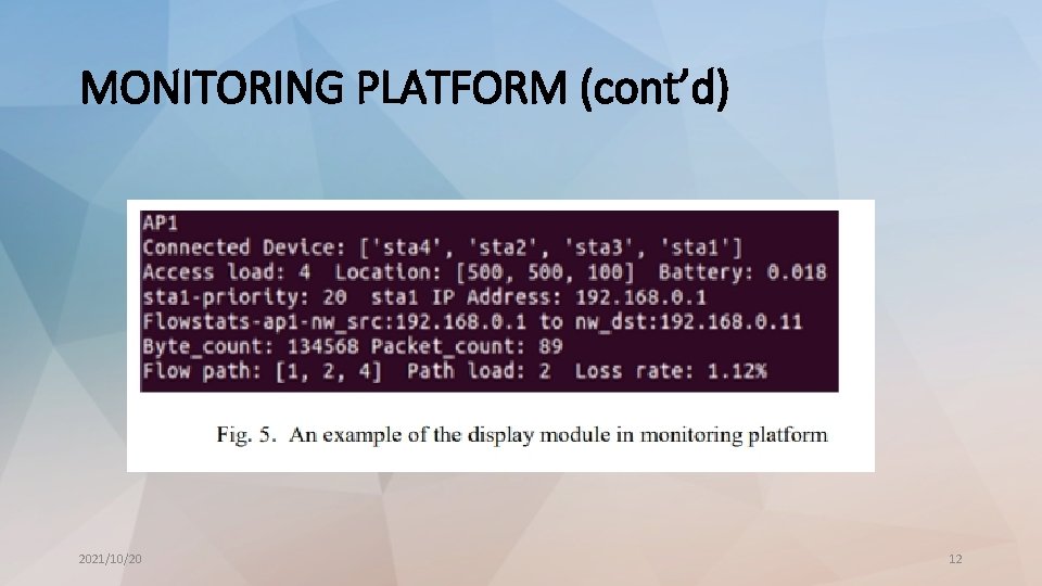 MONITORING PLATFORM (cont’d) 2021/10/20 12 